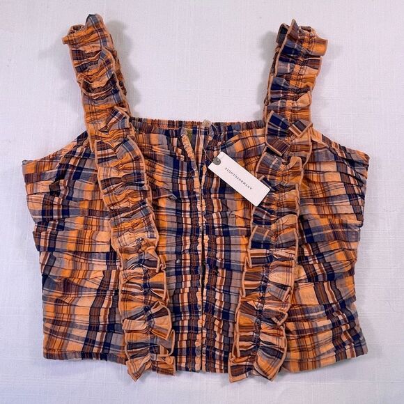 Verb By Anthropologie Orange Brown Blue Plaid Ruffled Tank Top Size Small NWT - Picture 1 of 11
